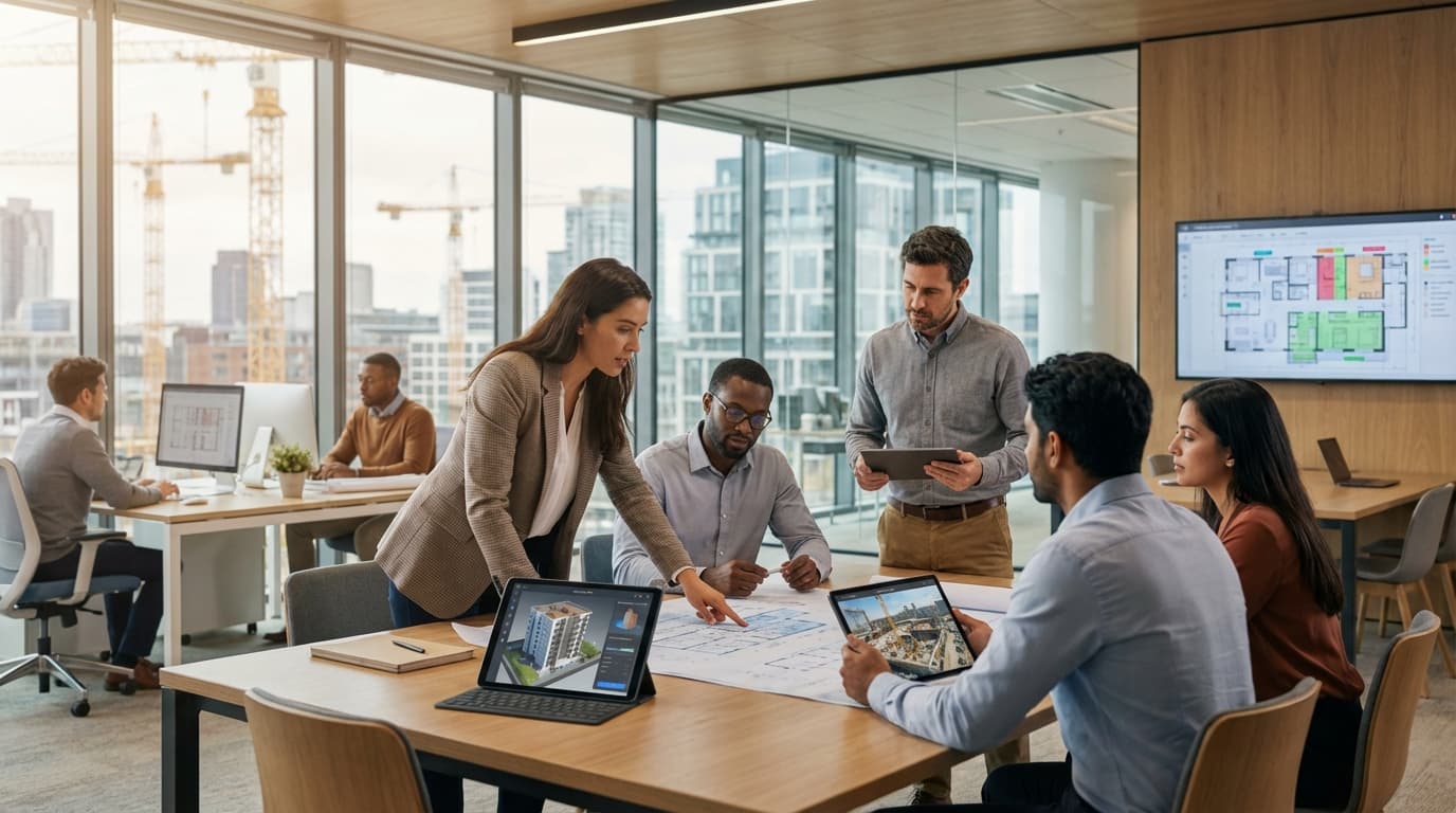 Uniseros team collaborating on architectural projects with digital tools in a modern office